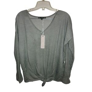 IRIS BASIC Women's Long Sleeve V Neck Tunic Top Olive Green Knot Front Size S